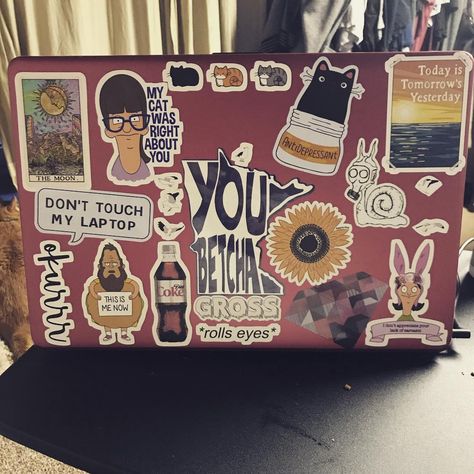 “Stickers are fun. #stickers #bobsburgers #etsy #fun #laptop #redbubblestickers” Stickers On Laptop Layout, Artsy Stickers, Stickers On Laptop, Laptop Layout, Laptop Decoration, Red Bubble Stickers, Cute Laptop Stickers, Preppy Stuff, Sticker Bomb