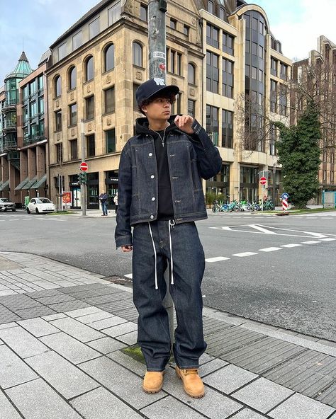 go on my tik tok:0verl00ked #outfit #streetwearoutfitsmen #baggyy2k #outfitinspo #streetwear #fashion #baggy Denim Set Outfit Men, Timberlands Outfit Men, Denim Set Outfit, Timberlands Outfit, Streetwear Outfit Men, Timberland Outfit, Streetwear Fashion Baggy, Custom Fitted Hats, Highsnobiety Fashion