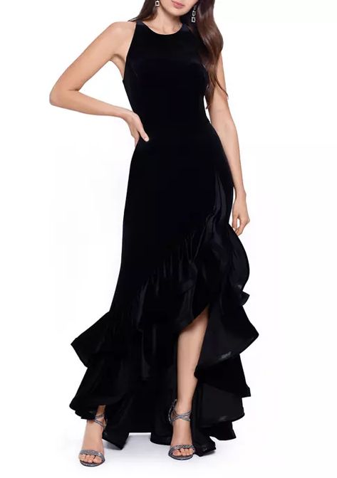 Betsy & Adam Women's Sleeveless Halter Neck Velvet Solid Long Gown | belk Bachelorette Party Dress, Shimmery Dress, Evening Dress Collection, Halter Gown, Tiered Ruffle Dress, Black Velvet Dress, Multicolor Dress, Gala Dresses, Maxi Dress Evening