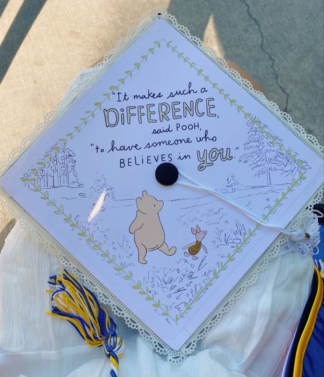 Winnie The Pooh Quotes For Graduation, Grad Cap Winnie The Pooh, Yellow Grad Cap Ideas, Bluey Grad Cap, Grad Cap Ideas Winnie The Pooh, Graduation Cap Disney Designs, Ratatouille Grad Cap, Graduation Cap Designs Winnie The Pooh, Grad Cap Inspo Disney