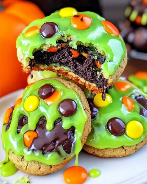 Halloween Mm Cookies, Halloween Candy Brown Butter Cookies, Chocolate Cookie Dough Recipe, Double Chocolate Halloween Cookies, Slime Filled Halloween Cookies, Halloween Cookies M&m, M M Cookies, Chocolate Cookie Dough, Cookie Dough Recipes