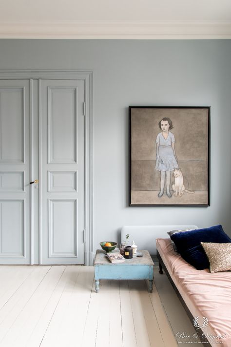 Pure And Original, Limewash Walls, Light Blue Walls, Lime Paint, Traditional Paint, Painted Floor, White Floors, Design Del Prodotto, Blue Rooms