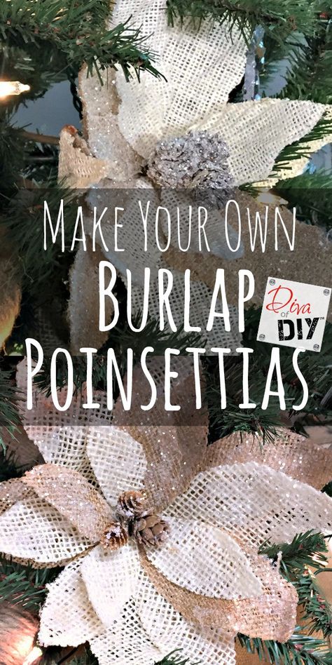 Personalize your Christmas decorations by making your own burlap poinsettias for your Christmas tree ornaments or Christmas decor. Vintage Christmas decor! Burlap Christmas Trees, Burlap Poinsettia, Poinsettia Decor, Burlap Christmas Tree, Christmas Decor Vintage, Vintage Christmas Crafts, Burlap Projects, Burlap Crafts, Shabby Chic Christmas