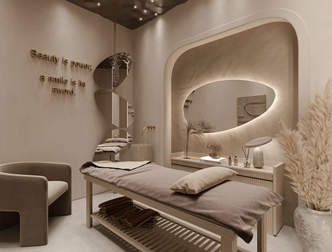 Beauty Salon :: Behance Modern Facial Room, Beauty Studio Interior Design, Best Salon Interior Design, Beige Salon Aesthetic, Cosmetic Salon Interior, Head Spa Room, Neutral Beauty Salon, Massage Salon Design, Beauty Spa Interior Design