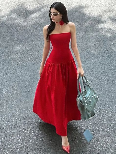 2024 Autumn Elegant Strapless Flower A-line Long Dress Streetwear Woman Clothing Sleeveless Backless Red Black Holiday Dresses - AliExpress 200000345 Evening Party Outfit, Black Holiday Dress, Dress Streetwear, A Line Long Dress, Party Outfits For Women, Strapless Dresses, Long Red Dress, Summer Elegant, A Line Prom Dresses