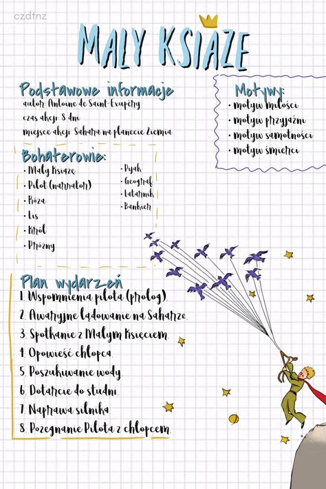 źródło: bryk.pl | Notatki z najważniejszymi informacjami dotyczącymi ,,Małego Księcia"! 🌱 #8klasa #egzamin #egzaminósmoklasisty #notatki #studygram #study #nauka #kamienienaszaniec | ig: @czdtnz High School Life Hacks, School Materials, Reading Notes, High School Life, School Planner, School Study Tips, Preschool At Home, School Help, Life Hacks For School