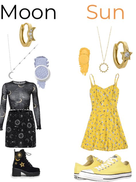 Sun And Moon Outfit Ideas, Moon And Saturn Outfit, Sun Outfits Halloween, Sun Moon Outfit, Sun And Moon Themed Outfits, Moon And Sun Outfit, Sun And Moon Matching Outfits, Duo Halloween Costumes Sun And Moon, Sun And Moon Outfit Aesthetic