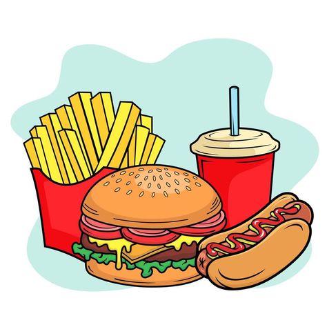 vector illustration of fast food include burger hotdog french fries and drink isolated on smooth background Burger And Fries Illustration, Food And Drink Drawing, Fast Food Clipart, Food And Drink Illustration, Burger Drawing Illustration, Burger And Fries Drawing, Fast Food Logo Design Ideas, Fast Food Drawing, French Fries Illustration