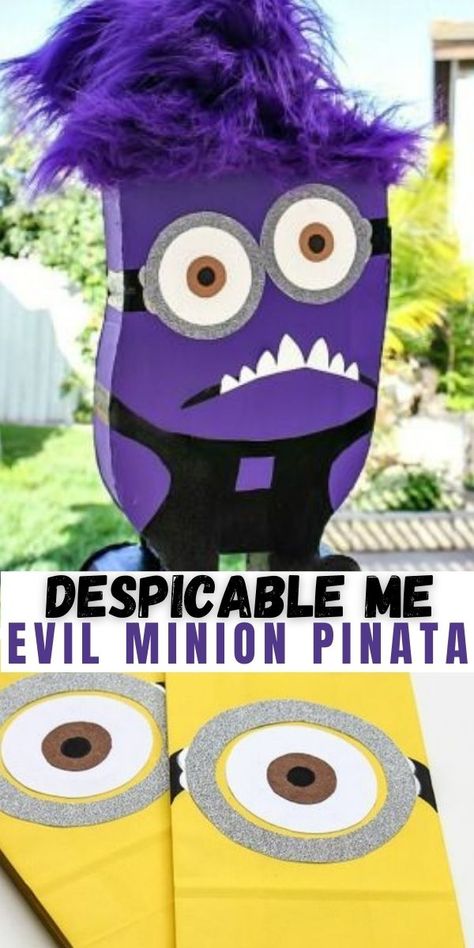 These handmade evil minion pinata and yellow minion candy bags will be a hit at your Despicable Me party. Diy Minion Pinata, Despicable Me Movie Night Food, Despicable Me 4 Birthday, Purple Minion Party, Minion Pinata, Minion Candy, Minion Food Ideas Despicable Me Party, Evil Minion, Yellow Minion