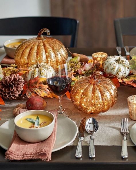 All Posts • Instagram Thanksgiving Tabletop Decor, Simple Thanksgiving Table, Everything Pumpkin, Thanksgiving Home Decorations, Rice Lights, Slim Tree, Fall Accents, Faux Pumpkins, Wood Pumpkins