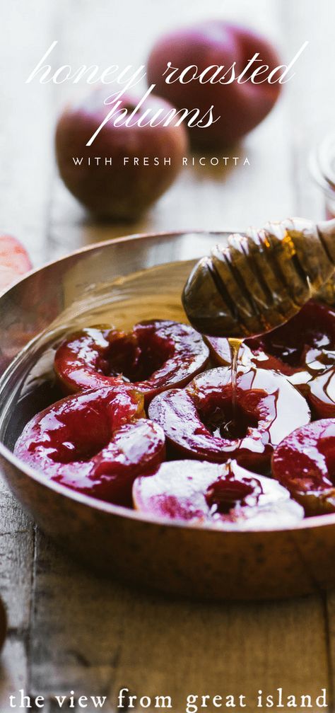 Fresh Ricotta Recipe, Ricotta Homemade, Roasted Plums, Plum Dessert, Mediterranean Desserts, Fresh Ricotta, The View From Great Island, Healthy Fruit Desserts, Plum Recipes