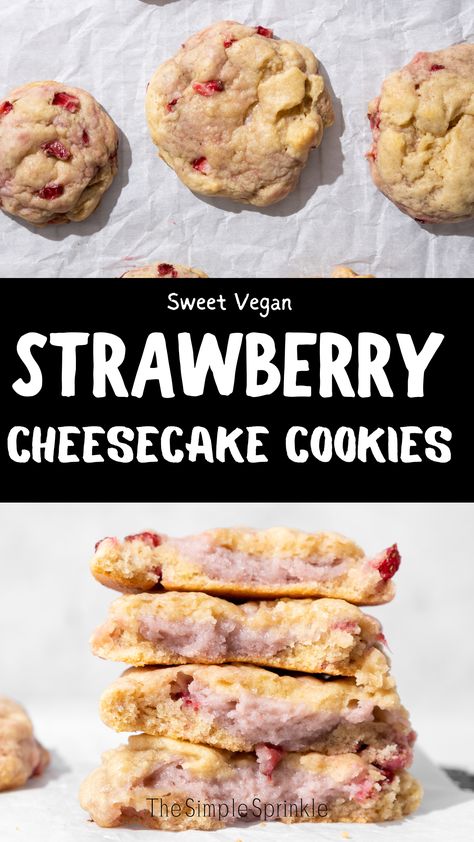 These vegan Strawberry Cheesecake Cookies are delightful treats that combine the flavors of strawberry, cream cheese, and cookies in a plant-based way. These soft and chewy cookies feature a luscious strawberry cream cheese filling. Strawberry Vegan Cookies, Vegan Cream Cheese Cookies, Vegan Cheesecake Cookies, Unique Vegan Desserts, Vegan Stuffed Cookies, Vegan Strawberry Cookies, Sweet Vegan Snacks, Strawberry Recipes Vegan, Plant Based Baking