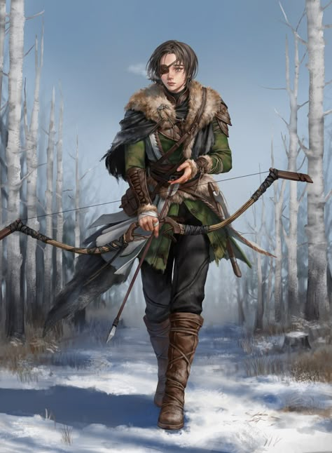 ArtStation - Winter hunter, WOOJU KO Arctic Ranger Dnd, Winter Ranger Dnd, Winter Concept Art Character, Medieval Hunter Outfit, Winter Character Art, Female Hunter Art, Dnd Hunter, Hunter Rpg, Medieval Hunter