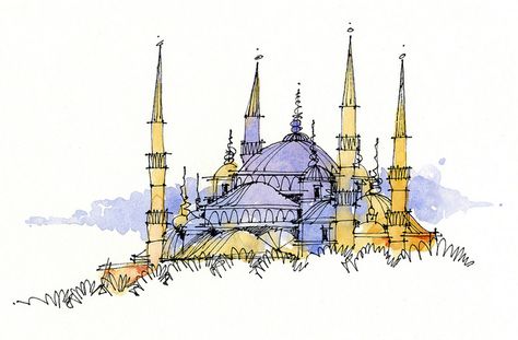 James Richards Blue Mosque, Istanbul  This little watercolor sketch is the last illustration for my book, based on a field sketch in Istanbul. 5 in. x 7 in. Mosque Drawing, Blue Mosque Istanbul, The Blue Mosque, James Richards, Mosque Art, New Architecture, Urban Sketch, Blue Mosque, Architectural Sketch