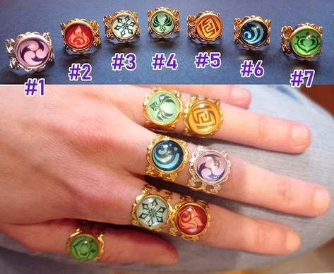 Genshin Impact Vision Rings Earrings Necklaces Hair Clips Gold - Etsy Genshin Impact Ring, Genshin Impact Rings, Genshin Vision Meaning, Genshin Impact Earrings, Genshin Vision, Genshin Impact Vision, Hair Clips Gold, Anime Jewelry, Anime Accessories