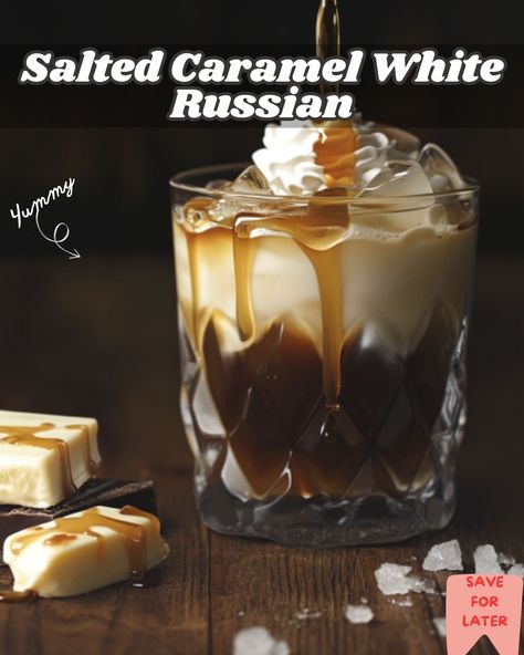 Try the Salted Caramel White Russian, a rich blend of vodka, coffee liqueur, cream, and salted caramel for a sweet and salty indulgence. Salted Caramel Drinks, Carmel Vodka, Salted Caramel White Russian, Caramel White Russian, White Russian Recipe, Caramel Drinks, White Russian Recipes, Easy Recipies, Creamy Cocktails