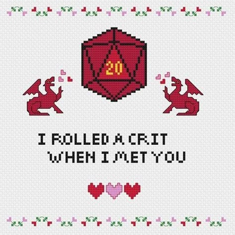 Dnd Gifts Diy, Dnd Crafts Diy, Dnd Cross Stitch, Stitch Valentines, Nerdy Valentines, Dnd Crafts, Dragon Cross Stitch, Dungeons And Dragons Art, Dnd Funny