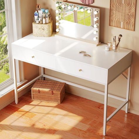 Amazon.com: SUPERJARE Vanity Desk with Drawers, 47 inch Computer Desk, Modern Simple Home Office Desks, Makeup Dressing Table for Bedroom - White : Home & Kitchen Small Computer Table, White Desk With Drawers, Simple Home Office, Dorm Room Crafts, White Writing Desk, Desk Makeup, Bedroom Workspace, Modern Makeup Vanity, Dressing Table With Drawers