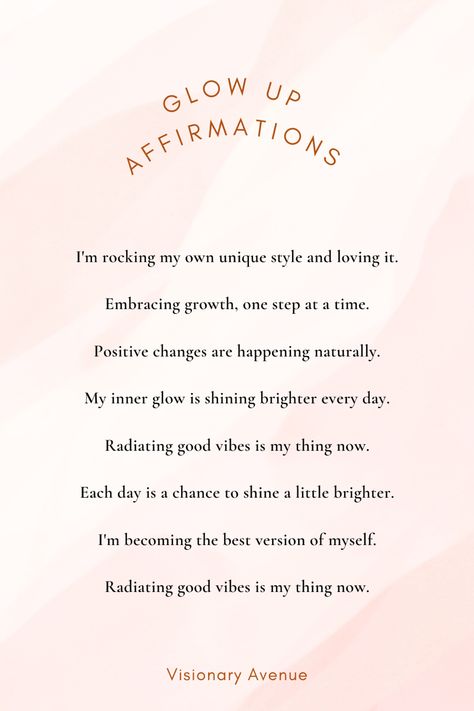 Elevate Your Confidence and Positivity with Casual Glow-Up Affirmations! Embrace Your Uniqueness, Boost Self-Love, and Radiate Inner Confidence. Positive Daily Reminders to Rock Your Style, Own Your Progress, and Shine Bright. Start Your Journey to a More Confident and Empowered You Today!"

Glow-Up Affirmations, Boost Confidence, Self-Love, Positive Daily Reminders, Inner Confidence, Empowerment, Rock Your Style, Own Your Progress, Shine Bright, Positive Self-Affirmations. Shine Bright Quotes, Positive Daily Reminders, Glow Up Affirmations, Affirmation Station, Board Manifestation, Inner Confidence, Life Binder, Healing Affirmations, Boost Confidence