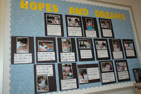 To illustrate their hopes and dreams for the year, children staged scenes of themselves accomplishing their goals. I photographed those, and then students added captions. Hopes And Dreams Display, Teacher Organisation, Working Wall, Classroom Goals, Responsive Classroom, Making Spirits Bright, Instructional Coaching, First Grade Reading, Student Goals