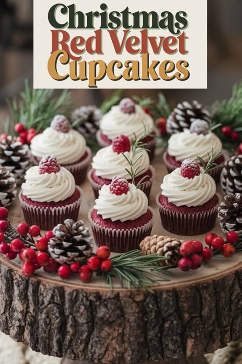 Bring holiday cheer to your table with these Christmas red velvet cupcakes! Each cupcake is moist, perfectly red, and topped with a swirl of creamy frosting, finished with a festive raspberry and sprig of rosemary. These are easy to make but look like bakery showstoppers—ideal for holiday parties or family gatherings. They add a little extra magic to any dessert table, plus they taste as good as they look! #RedVelvetCupcakes #ChristmasBaking #HolidayDesserts #FestiveCupcakes Red Velvet Cupcakes Decoration, Chocolate Christmas Cupcakes, Christmas Cupcakes Ideas, Pretty Sweets, Berry Topping, Creamy Vanilla Frosting, Christmas Desserts Cakes, Christmas Red Velvet, Easy Christmas Desserts