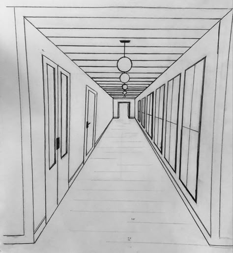 Long hallway with windows, windows, tall windows, pendant lighting, hallway goals, @hinkleylighting @theFLOORZZ sierra pacific windows, @emtek_products Drawing Room Design, Optical Illusion Drawing, Window Drawing, Perspective Drawing Architecture, Interior Architecture Drawing, Architecture Design Sketch, Background Drawing, Perspective Drawing, Book Drawing