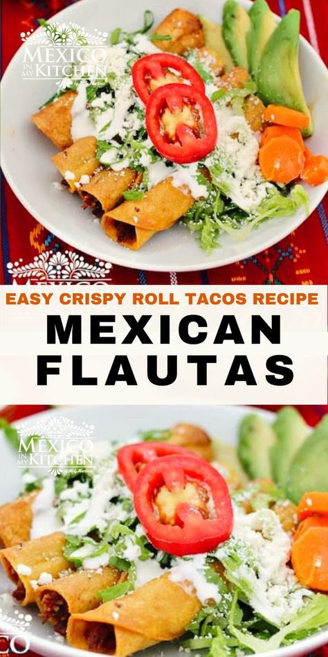 Beef Rolled Tacos, Rolled Tacos Recipe, Mexican Flautas, Crispy Taquitos, Taquitos Dorados, Rolled Tacos, Taco Recipes Mexican, White Cream Sauce, Corn Tortilla Recipes