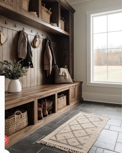 Modern Rustic Mudroom, Cabin Entryway Ideas, Closet Laundry Rooms, Mud Room Designs, Cabin Entryway, Mudroom Addition, Interior Transformation, Built In Cubbies, Functional Entryway