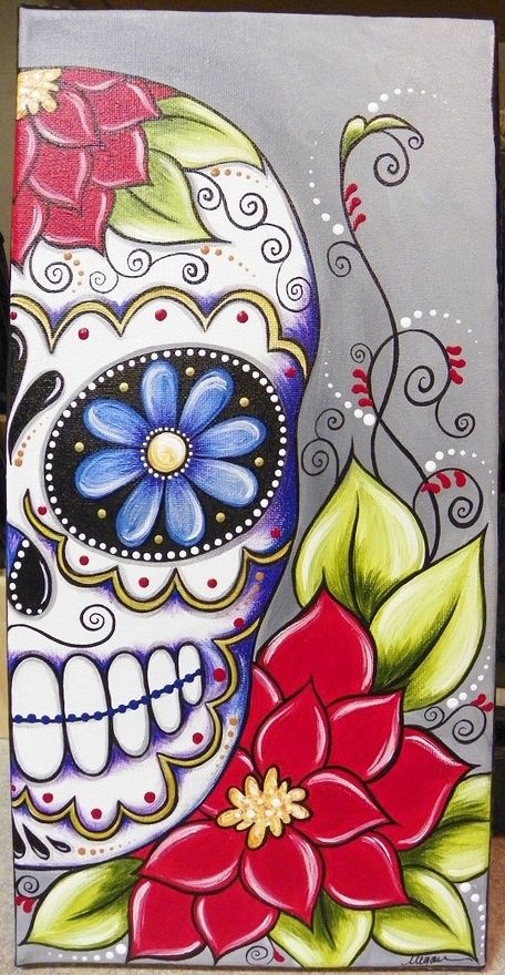 Sugar Skull on Canvas- day of the dead craft idea One step further than what I did this year half a skull with decorative background Den Mrtvých, Day Of Dead, Day Of The Dead Art, Day Of The Dead Skull, Candy Skulls, Canvas Tent, Skull Painting, Sugar Skull Art, Halloween Painting