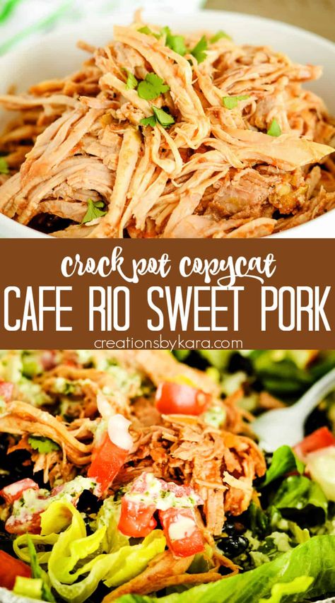 Craving Cafe Rio's SWEET PORK, but can't make it to the restaurant? Try this copycat recipe and enjoy it from the comfort of your own home! It slow cooks all day, and is perfect in tacos or as a sweet pork salad. #sweetporkrecipe #caferiosweetpork #copycatrecipe @Creations by Kara Copycat Cafe Rio Sweet Pork, Sweet Pork Salad, Copycat Cafe Rio, Cafe Rio Sweet Pork Recipe, Sweet Pork Recipe, Weekday Lunches, Cafe Rio, Restaurant Copycat, Quick Pasta Recipes