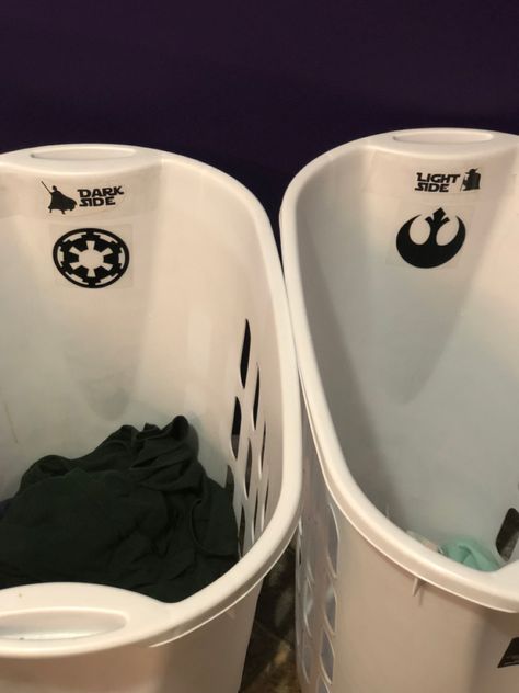 One has to add a little humor to sorting.... Star Wars Laundry Room, Star Wars Bathroom Art, Diy R2d2 Trash Can, Star Wars Bathroom Shower Curtains, Star Wars Trash Can, Make A Change, Laundry Room Makeover, Washer And Dryer, Have Some Fun