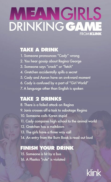 Msan Girls Drinking Game Mean Girls Drinking Game, Pajama Party Games, Movie Drinking Games, Drunk Games, Mean Girls Party, Sleepover Party Games, Games For Parties, Drinking Games For Parties, Fun Drinking Games