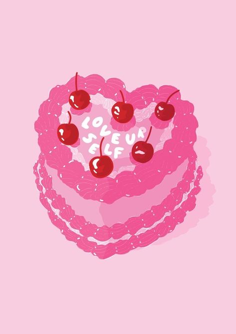 Power Illustration, Cake Art Print, Retro Cherry, Room Drawing, Y2k Girl, Valentines Wallpaper, Heart Cake, Preppy Wallpaper, Picture Collage