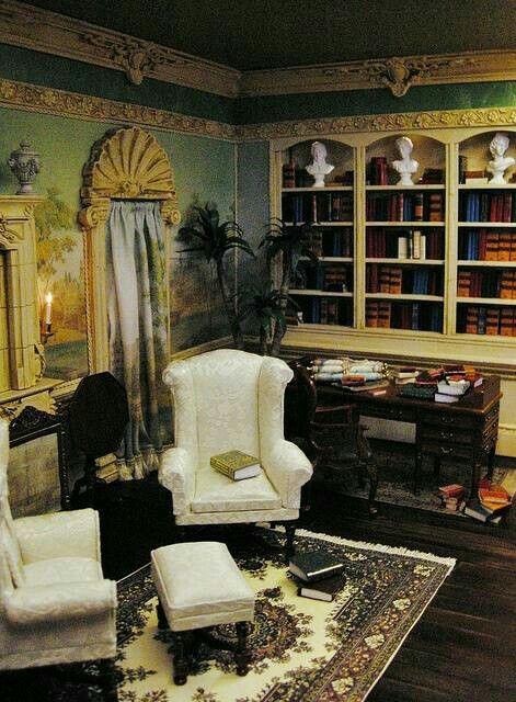 by Ken Haseltine (1/12 scale) Dollhouse Study, Victorian Study, Small Dollhouse, Dollhouse Rooms, Dollhouse Interiors, Room Box Miniatures, Room Boxes, Dollhouse Projects, Victorian Dollhouse