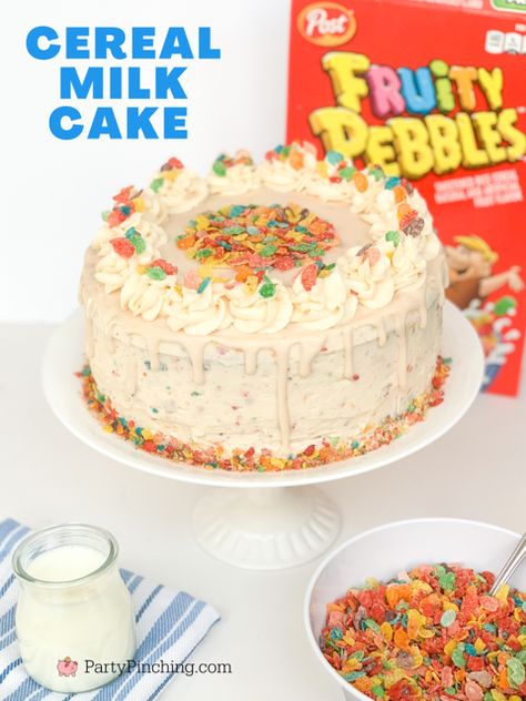 Fruity Pebbles Drink, Cereal Birthday Cake, Cereal Milk Cake, Fruity Pebble Cake, Fruity Pepples, Fruity Pebbles Cake, Fruity Pebbles Cheesecake, Fun Cake Ideas, Fruity Pebble Cheesecake