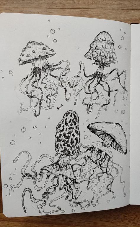 sketch of mushroom jellyfish Mushroom Jellyfish Drawing, Mushroom Jellyfish Tattoo, Funky Sketches, Mushroom Jellyfish, Jellyfish Core, Sketchy Drawings, Jellyfish Sketch, Free Spirit Art, Jellyfish Drawing