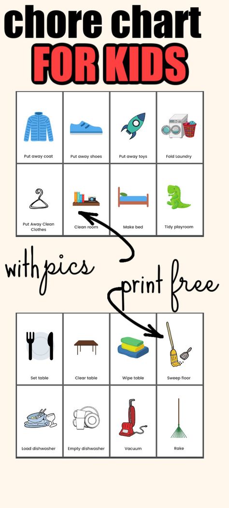 Sometimes we forget that kids can be very helpful around the house. Encourage your kids to participate in the daily household chores with this free printable kid's chore chart. It's a super easy DIY project and has pictures for younger kids. || kids chores by age | chore chart for kids | free printable chore chart | kids chore chart with pictures | free printable responsibility chart | daily chores for kids | kids life skills by age | kids chore ideas | kids chore chart with icons Toddler Chore Chart Diy, Chore Poster Board Ideas, Daily Responsibility Chart Printable, Picture Chore Chart Printable Free, Easy Chore Charts For Kids, Chore Chart Pictures Printable Free, Free Printable Chore Chart With Pictures, Chores For Kids By Age Printable Free, Toddler Chore Chart Printable Free