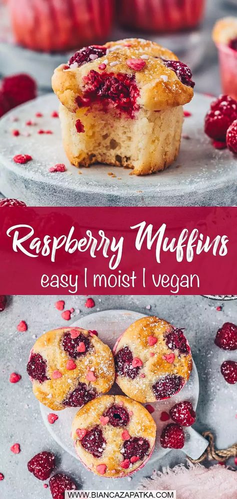 The best recipe for moist vegan Raspberry Muffins that are quick and easy to make, wonderfully soft, fluffy and fruity and simply delicious! #muffins #cupcakes #berry #berries #baking #dessert #cake #easyrecipes #veganrecipes #recipes #food #vegan | biancazapatka.com Healthy Raspberry Muffin Recipes, Vegan Berry Muffins, Vegan Fruit Recipes, Vegan Raspberry Muffins, Vegan Muffins Recipes, Vegan Raspberry Recipes, Raspberry Recipes Vegan, Vegan Mini Muffins, Raspberry Muffins Easy