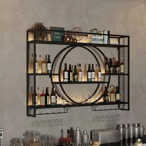 Modern Bar Shelves, Shelves For Liquor Bottles, Wine Cabinet Decor, Corner Wine Cabinet, Wall Mounted Kitchen Storage, Wall Shelf Rack, Liquor Shelf, Wine Rack Bar, Hanging Wine Rack