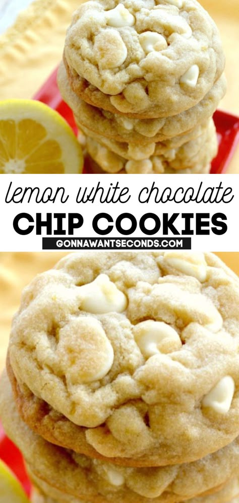 Lemon White Chocolate Chip Cookies stack on top of each other Lemon White Chocolate Chip Cookies, White Choc Chip Cookies, Lemon Cookie Recipe, White Chocolate Chip Cookies Recipes, Lemon Sugar Cookie, Lemon White Chocolate, Fun Meals, Desserts With Chocolate Chips, Fabulous Desserts