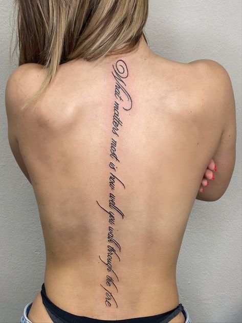 Womens Spine Tattoos Quote, Baddie Spine Tattoo Quotes, Spine Word Tattoos For Women, Quote Spine Tattoo, Spine Tattoos For Women Quotes, Spin Tattoos For Women, Script Spine Tattoo, Back Tattoo Quotes, Spine Tattoo Quotes