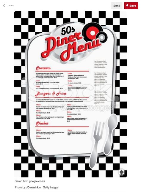 Retro Diner Menu Design, Diner Menu 50's, 50s Diner Kitchen, Diner Menu, 50s Diner, Gala Ideas, Vintage Diner, Diner Recipes, Restaurant Flyer