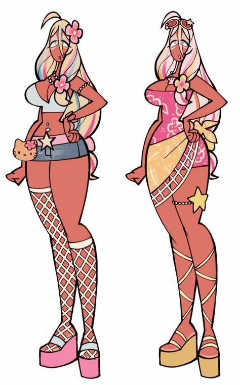 Gyaru Fashion Ideas, Waist Art Reference, Pretty Pose Reference Drawing, Clothes To Draw Your Oc In, Pose Ideas With Skirt, 1960s Cartoon Style, Gyaru Art Style, Flower Outfit Drawing, Oc Dress Ideas