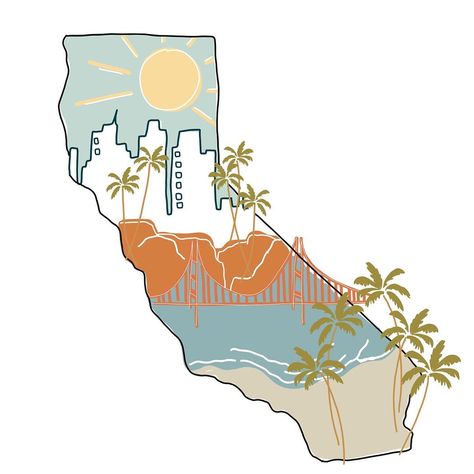 California Drawing, Cali Drawings, San Diego Drawing, San Diego Illustration, State Of California Outline, San Diego Stickers, San Diego Map Illustration, Mission Viejo California, California Tattoo