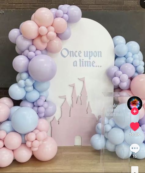 2nd Birthday Party Princess Theme, Disney Backdrop Photo Booths, Disney Once Upon A Time Birthday Party, Disney Princess Pastel Colors Party, Disney Castle Theme Party, Princess Background For Birthday, Cinderella Birthday Backdrop, Disney Princess Birthday Party Balloons, Disney Theme Bday Party