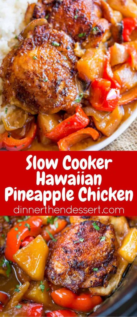 Slow Cooker Hawaiian Pineapple Chicken with crispy chicken thighs, fresh pineapple chunks, onions and bell pepper takes 15 minutes of prep and makes the perfect meal to come home to after a long workday! #slowcooker #crockpot #slowcookerchicken #hawaiianchicken #crockpotchicken #dinnerthendessert Hawaiian Pineapple Chicken, Crispy Chicken Thighs, Pot Recipes Healthy, Pineapple Chunks, Pot Recipes Easy, Chicken Thigh Recipes Crockpot, Pineapple Chicken, Fresh Pineapple, Crockpot Recipes Beef