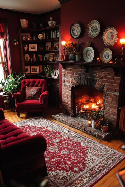 Vintage-style living room with a brick fireplace and dark red decor. Get ready for a whimsical journey through dark cottagecore interiors where quaint charm meets mysterious, cozy nooks that might just inspire your next favorite hideaway. Haunted Farmhouse Aesthetic, Living Room Ideas With Brick Fireplace, Cozy Old Living Room, Cozy Vintage Home Decor, Dark Red Decor, Dark Cottage Living Room, Red Brick Fireplace Living Room, Cozy Gothic Living Room, Dark Red Living Room