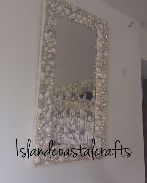 Nautical / Coastal Home Decor on Instagram: “Back in June I made this beautiful handcrafted pearl detail mirror.  Measuring 24 x 12.5 inches on outer frame & the inner mirror 19.5 x 8…” Pearl Mirror, Pearls And Lace, White Butterflies, Pearl Decorations, Big Mirror, White Sea Glass, Clear Glue, Coastal Homes, Vanity Mirror