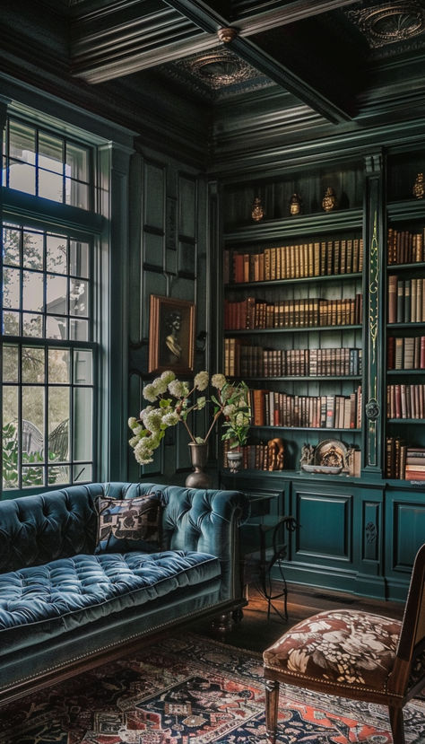 Intricately detailed ceilings with large window and long velvet teal tufted couch. So beautiful! Green Velvet Couch Library, Dark Teal Library, Chair Next To Fireplace, Teal Library, Library Sitting Room, Classic Rooms, Victorian Punk, Moody Home Decor, Library Space