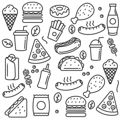 Food Doodle, Burger Vector, Pizza Vector, Chicken Vector, Donut Vector, Food Vector, Zestaw Ikon, Doodle Vector, Food Doodles